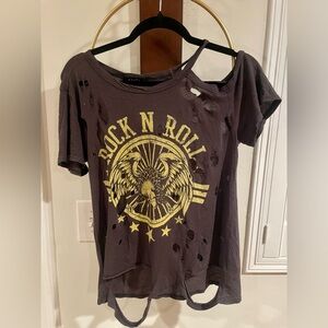 ANGL Black Short Sleeve Tee with Gold Rock N Roll Graphic